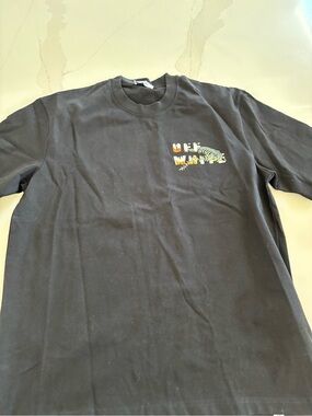 Off-White Black Short Sleeve Tee with Small Multicolor Chest Graphic